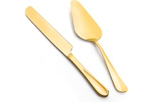 FTAKRY 2-Piece Premium Cake Cutting Set, Exquisite Knife and Server with Serrated Design, Includes Cake Knife and Pie Spatula for Pastry, Pizza and Desserts (Gold)
