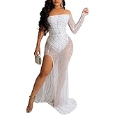 PORRCEY Sexy Elegant Rhinestone Dress for Women Mesh See Through Bodycon Birthday Cocktail Party Club Night Evening Gowns