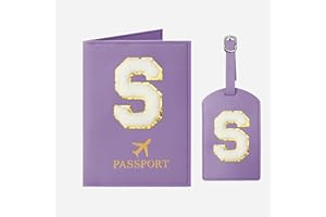 JOYRNALK Passport Holder for Travel Women Initial S Passport Cover Passport Wallet Passport Case Travel Essentials Leather Passport Holder and Luggage Tags Set With Chenille Letter Patch for Travel Purple S