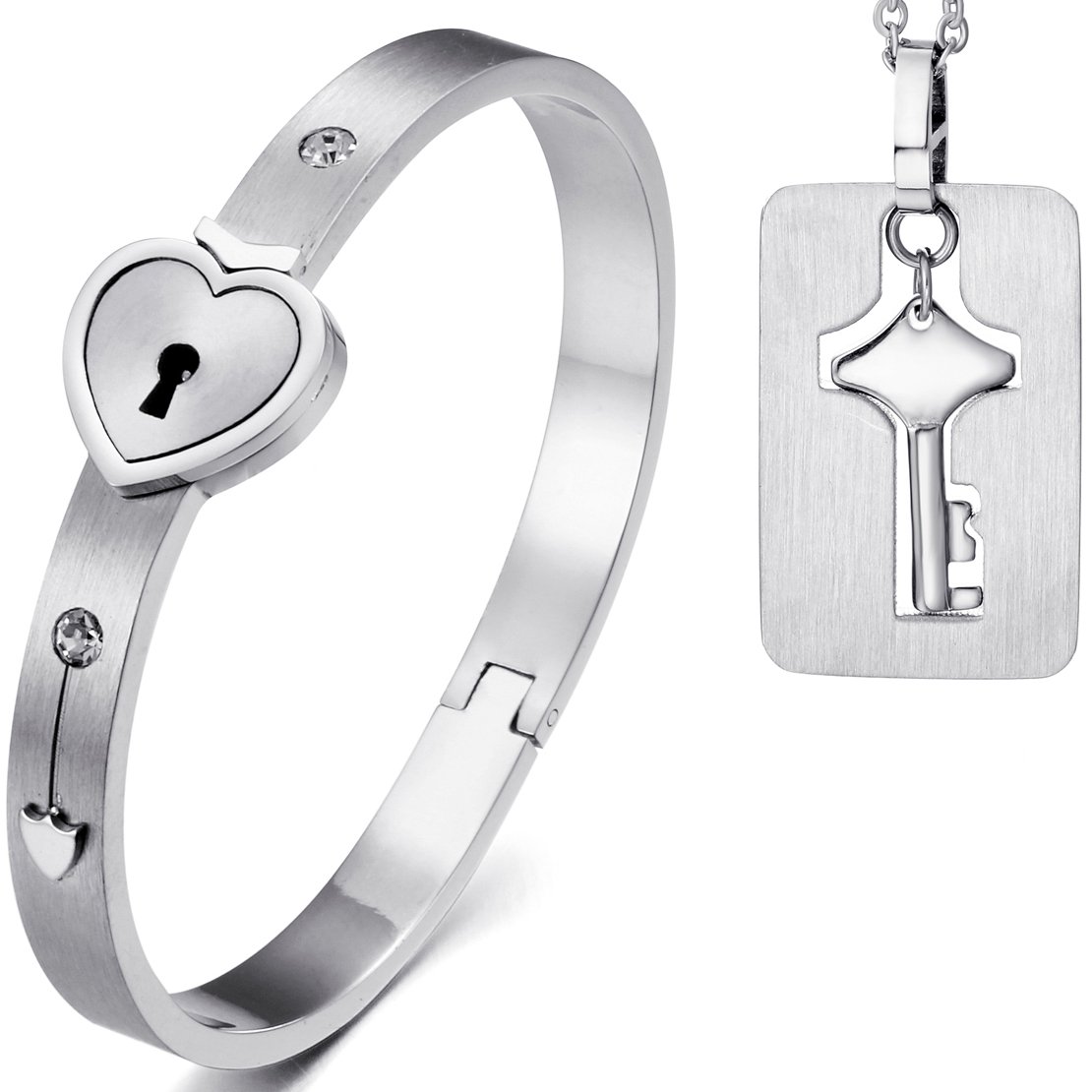 JewelryWe 2pcs New Stainless Steel Silver Heart Lock Love Bangle Bracelet & Key Tag Pendant Necklace Set — image 1