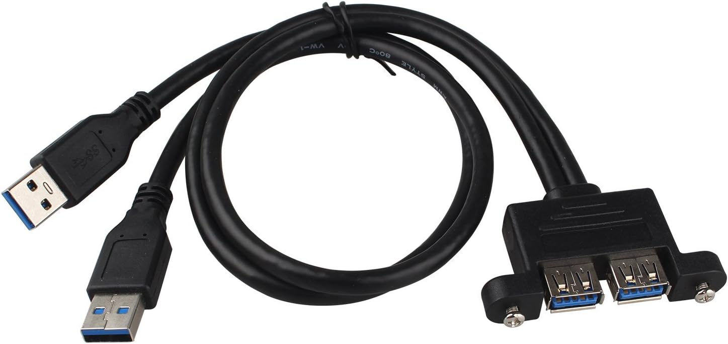HALJIA 50cm Dual-USB 3.0 Male to Female Extension Cable with Screw Panel Mount Holes, Adapter and Cables