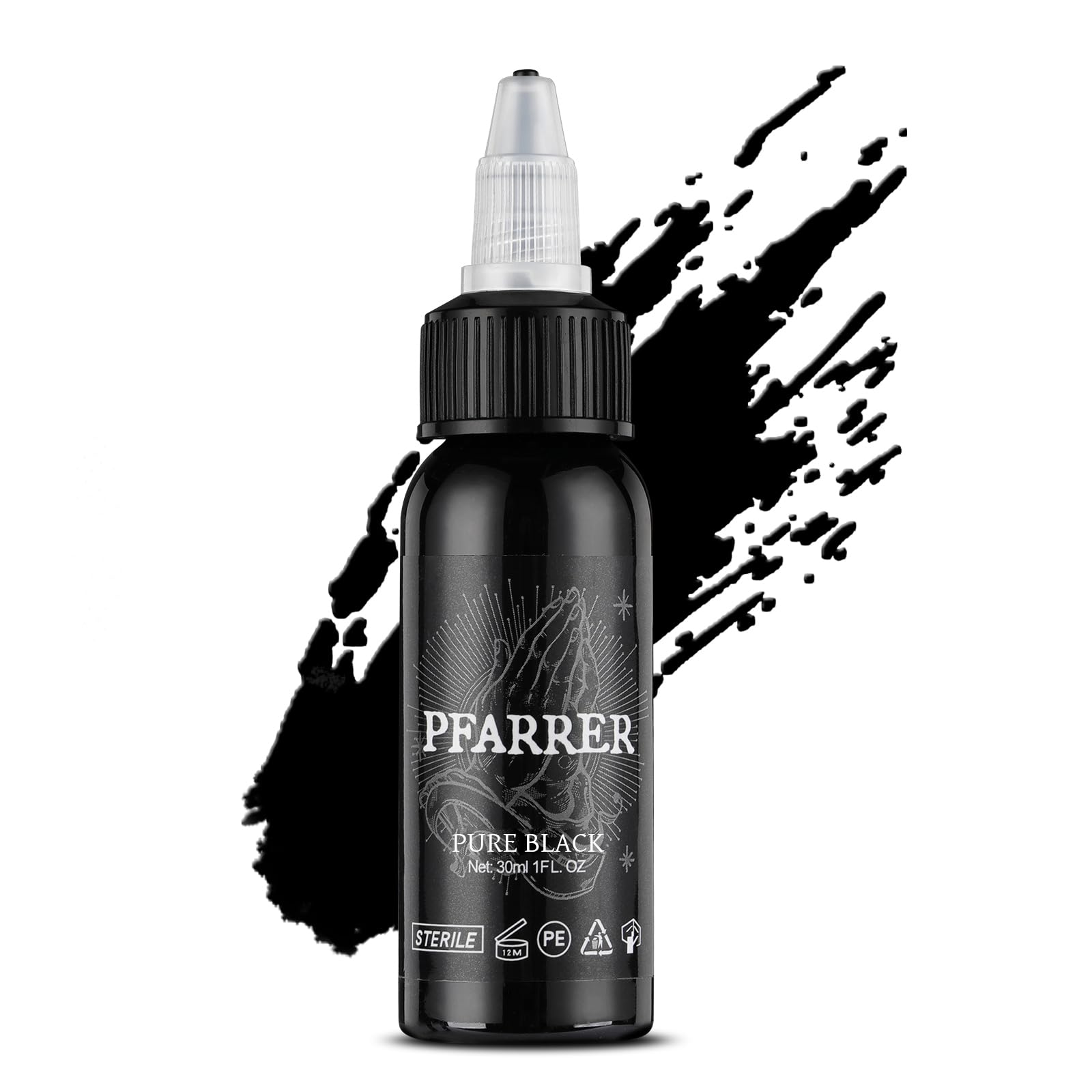 PFARRER Black Tattoo Ink 1oz(30ml) Vegan-Friendly USA Standard Pigment Tattoo Supplies Pure Black TI7003-30-001