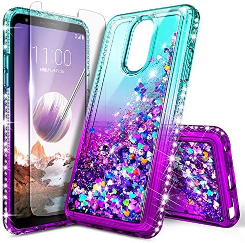 LG Stylo 3 Case (LS777), LG Stylo 3 Plus/Stylus 3 Glitter Case w/[Tempered Glass Screen Protector], NageBee Sparkle Bling Liquid Floating Quicksand Shockproof Women Kids Girls Cute Case -Aqua/Purple