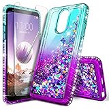 LG Stylo 3 Case, LG Stylo 3 Plus Case w/[Tempered Glass Screen Protector], NageBee Glitter Liquid Quicksand Waterfall Floating Flowing Sparkle Shiny Bling Diamond Clear Girls Cute Case -Aqua/Purple