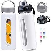 Kodrine 20oz Glass Water Bottle with Straw-2 Lids for Easy Carry, with Handle, Silicone Sleeve & Time Marker, Reusable Glass Drinking Bottle for Home,Office,Outdoors, Cupholder Friendly-White