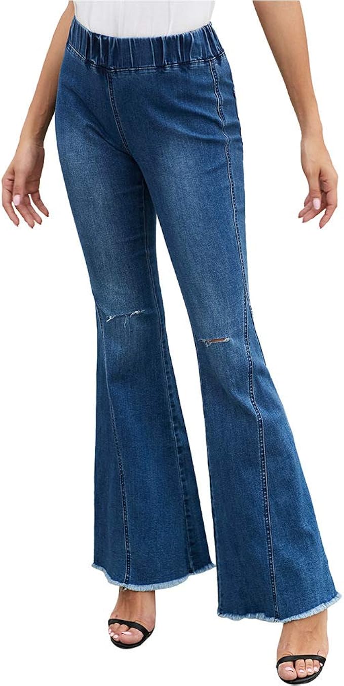 UHFIA Jeans Women's America Elastic Waistband Knee Hole Hem Burr Flare