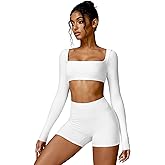 ABOCIW Women Square Neck Long Sleeve Workout Crop Top Low Medium Impact Athletic Yoga Gym Shirts with Built in Bra(ONLY TOP)