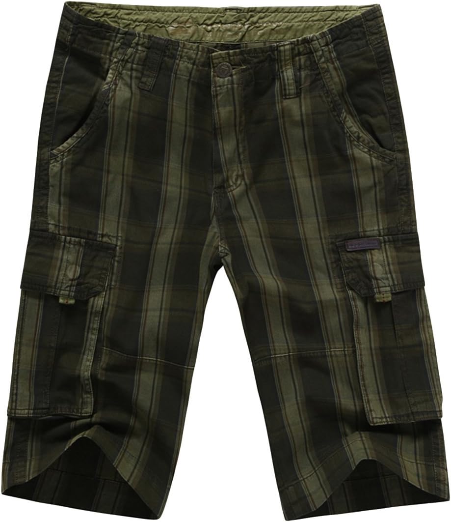 JEEP-FALOW Men's Casual Multi-pockets Outdoor Cotton Plaid Pattern Shorts Green 40