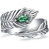 Turquoise Feather Ring 925 Sterling Silver Vintage Wide Feather Rings Women Men Turquoise Western Style Jewelry gifts Wrap Thumb Ring Open Size 4-11