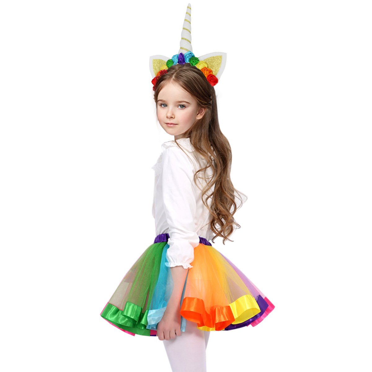 Rocita Girls\' Rainbow Tutu Skirt Colorful Pleated Gauzy Princess Dress With Unicorn Cat Ear Hair Clasp (Rainbow, L)