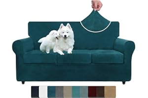ZNSAYOTX Luxury Velvet Couch Cover 4 Piece Stretch Sofa Covers for 3 Cushion Couch Soft Spandex Sofa Slipcover Living Room Anti Slip Dogs Pet Furniture Protector (Deep Teal), 71"-91"(3 Cushions)