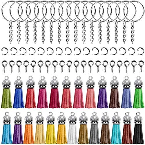 Timagebreze Keychain Tassles,Key Chains Set Comes with 50 Pieces Leather Tassels,50 Pieces Keychain Rings,50 Pieces Jump Rings and 50 Pieces Screw Eye Pins for Acrylic Blank Keychains Crafts