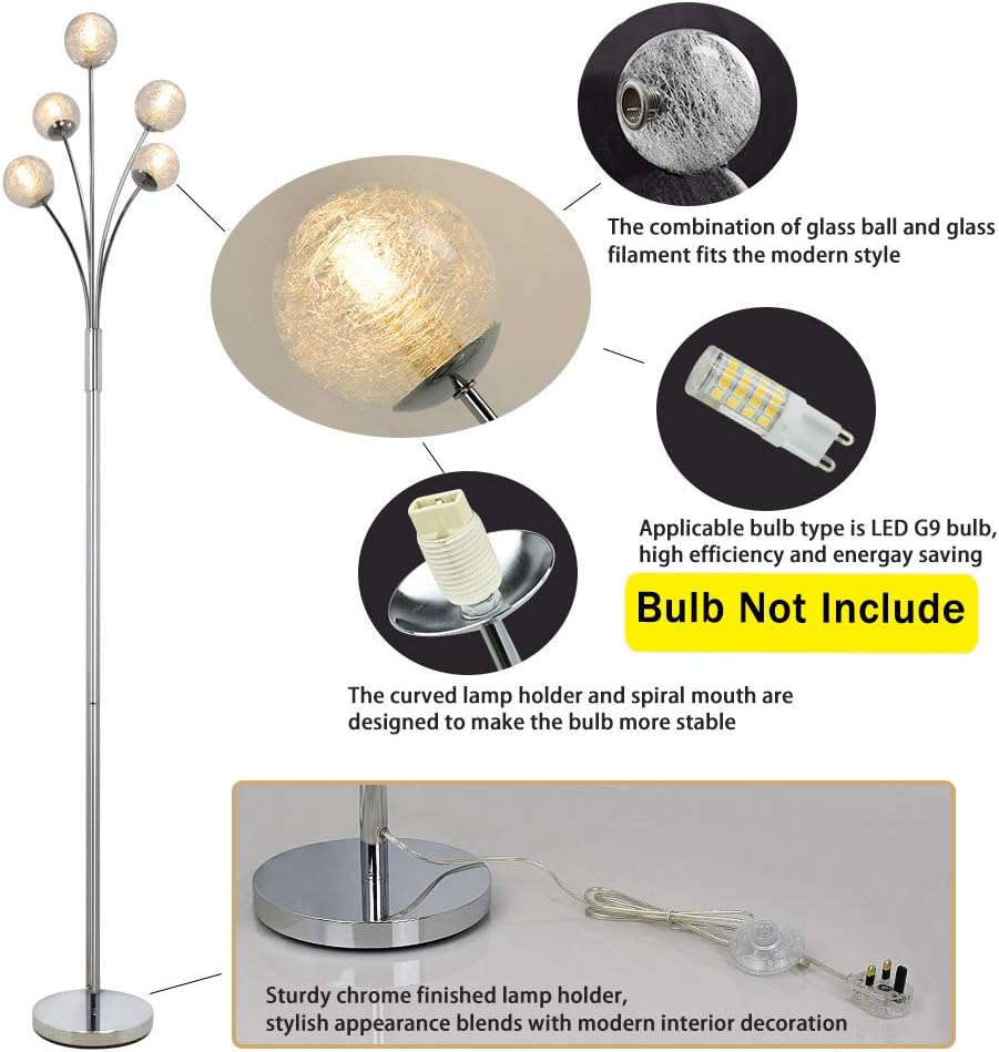 Depuley Globe LED Floor Lamp,Reading Standing Lamp with 5 Head,Tall Pole Tree Accent Lighting with Glass Shade Silver for Living Room,Bedside,Study,Reading(5 * 5W G9 Bulbs not Included) - Image 5