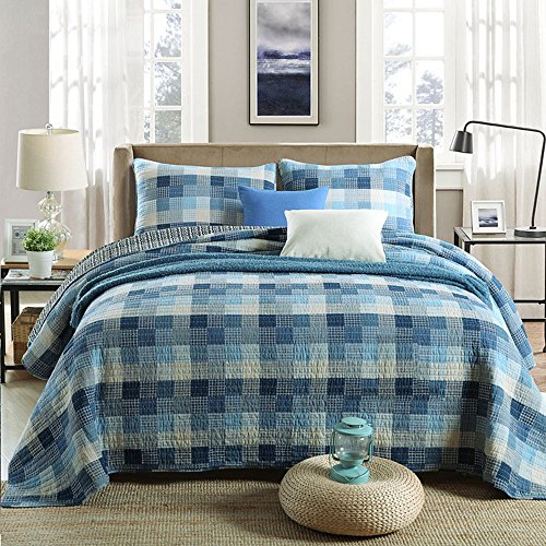 3Piece Pure Cotton Quilt Set, Check Pattern Bedspread Set, Coverlet