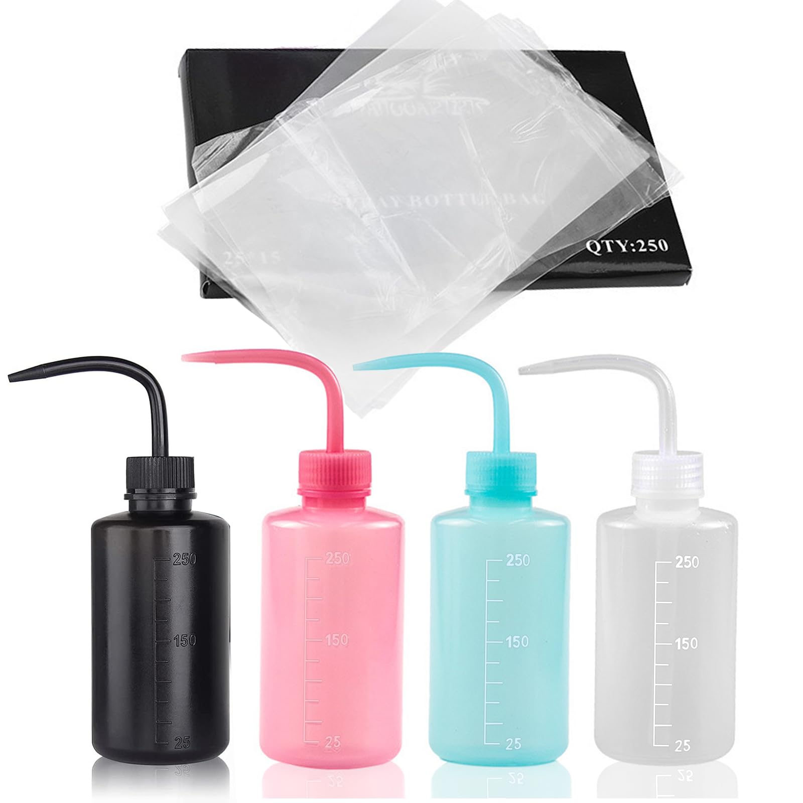 HOINCO 250 Piece Tattoo Bottle Bags with 4 Wash Bottles - Squeeze Bag Covers for Cleaning Supplies
