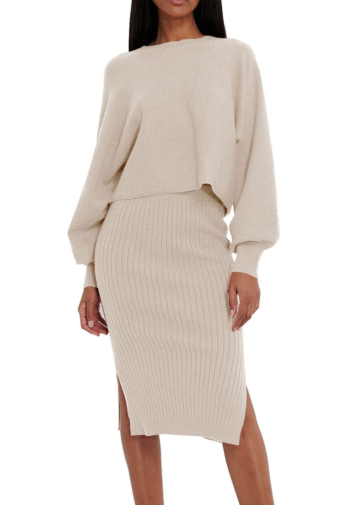 Two-Piece Set with Button Detail Top and Midi Skirt - Apricot