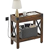 ZEXVIDA Narrow End Table, Rustic Brown, Industrial Style | Charging Station, 2 USB Ports &amp; Power Outlets, Slim Design for Small Spaces, Living Room Sofa &amp; Bedroom
