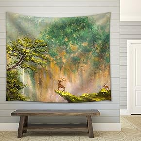 Original Oil Painting of Deer on The Edge of a Cliff in a Mountain Forest on Canvas. Modern Impressionism Art - Fabric Wall Tapestry Home Decor - 51x60 inches
