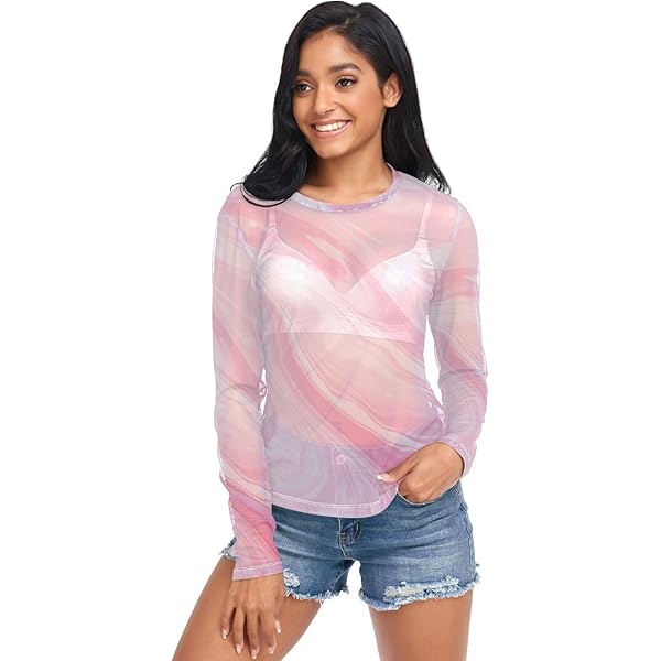 Women's Long Sleeve Mesh Top Cute Pink Bows See Through Clubwear