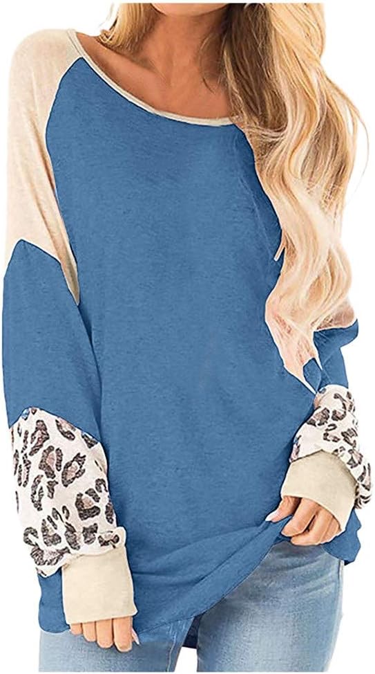 Women Leopard Print Long Sleeve Splicing Striped Casual Tops Patchwork Pullovers Shirts for Women