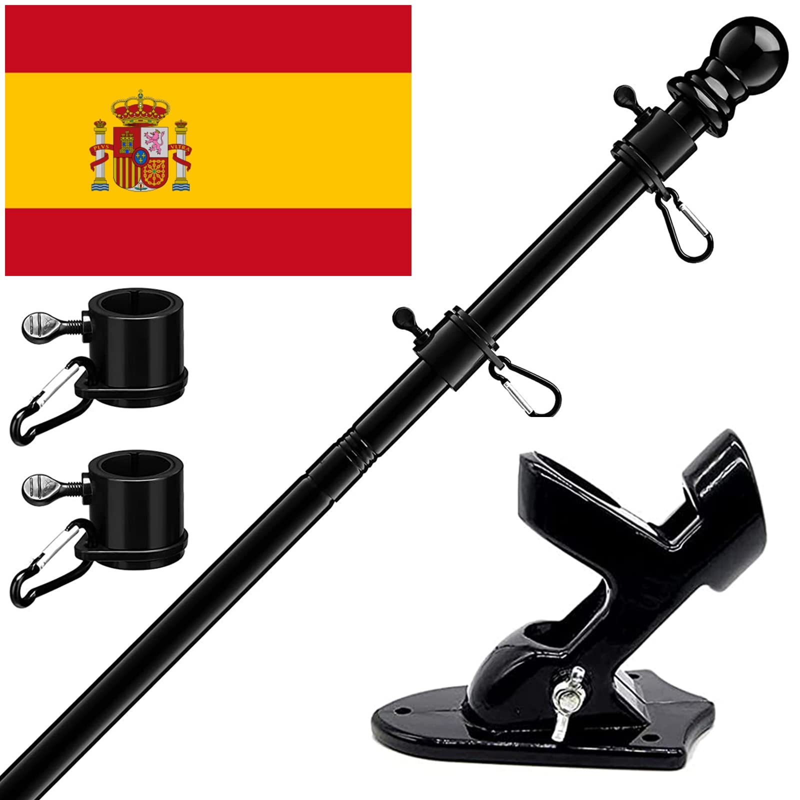 HORSE SECRET 180cm Black Aluminium Flag Pole Kit with Stainless Steel Wall Mounted Flag Pole with Rotating Rings/Includes Spanish Flag