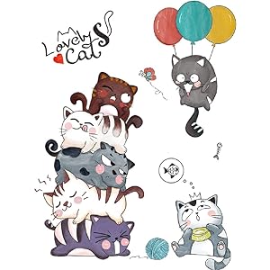 Amaonm 3D Cartoon Cat Wall Decals Removable DIY Lovely Kitty Play Ballon Wall Stickers Murals Kids Baby Nursery Room Peel Stick Art Decor for Boys Girls Teens Bedroom Living Room Classroom (Lovely)