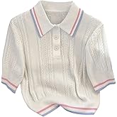 Verdusa Women's Business Casual Hollow Out Lightweight Sweaters Button Collared Short Sleeve Knit Tops