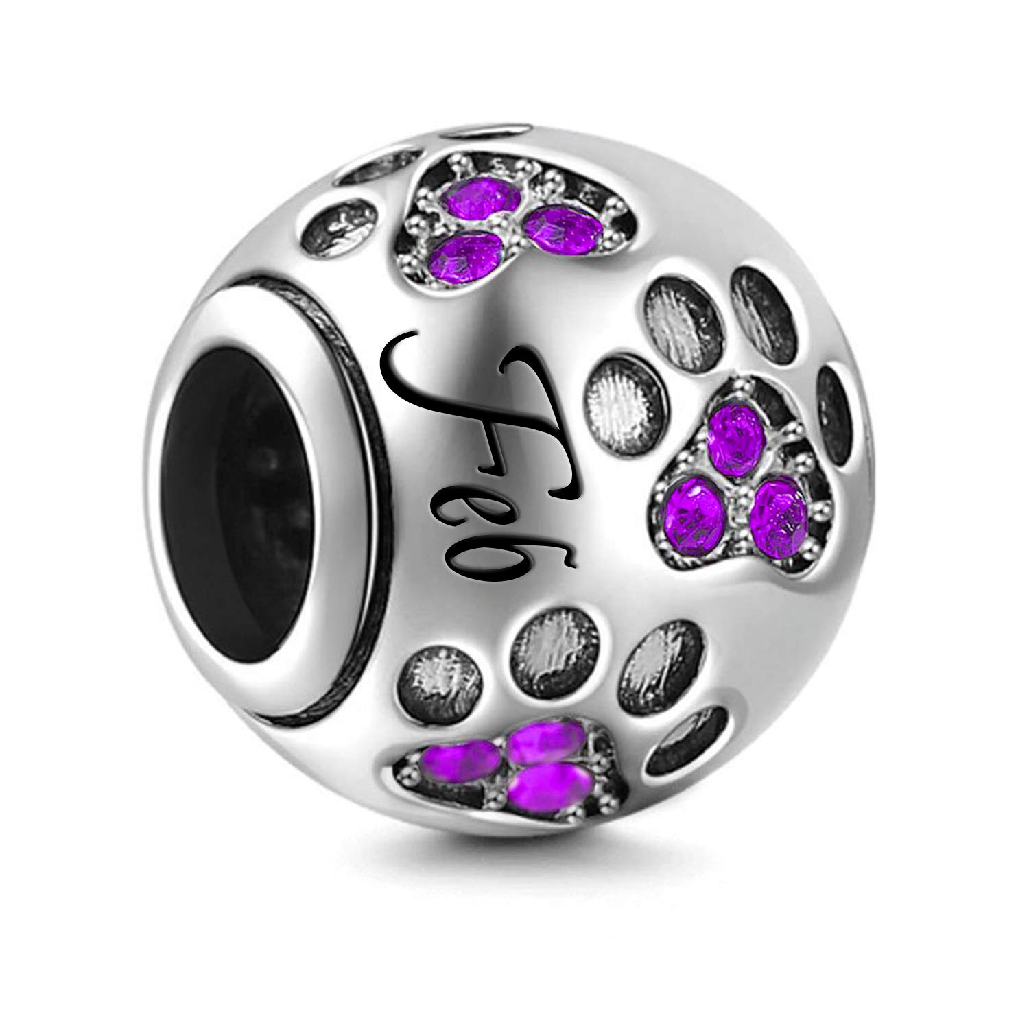 Birthstone Charm Fit for Pandora Charms Bracelet Dog Paw Jan-Dec Birthday Crystal Charms for Bracelet and Necklace (February)