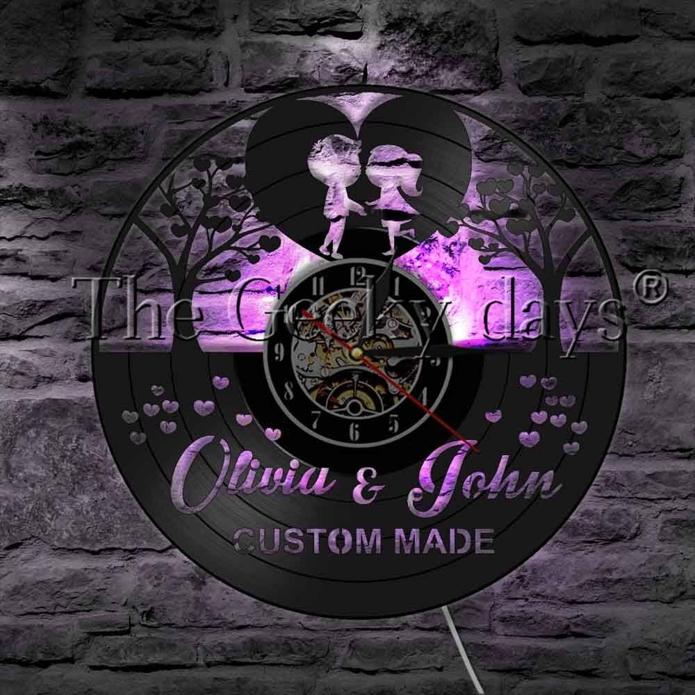 FDGFDG Tree Of Hearts Name Wedding Marriage LED Night Light Vinyl Record Wall Clock Tree Of Love For Lovers Best Gift