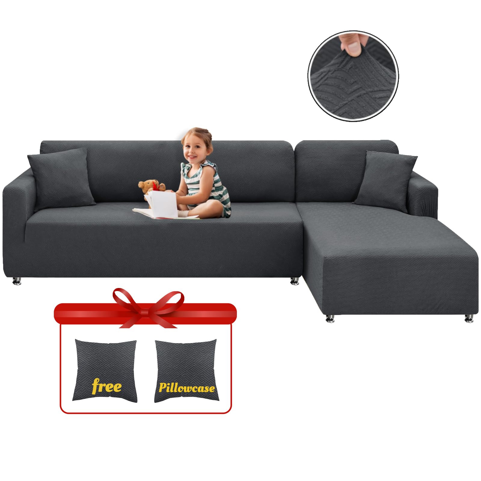 Photo 1 of XINEAGE Sectional Couch Covers High Stretch 2 Pieces L Shape Sofa Cover with 2pcs Pillowcases Corner Couch slipcovers Chaise Cover with Elastic Bottom 3 Seats + 2 Seats (Dark Gray)