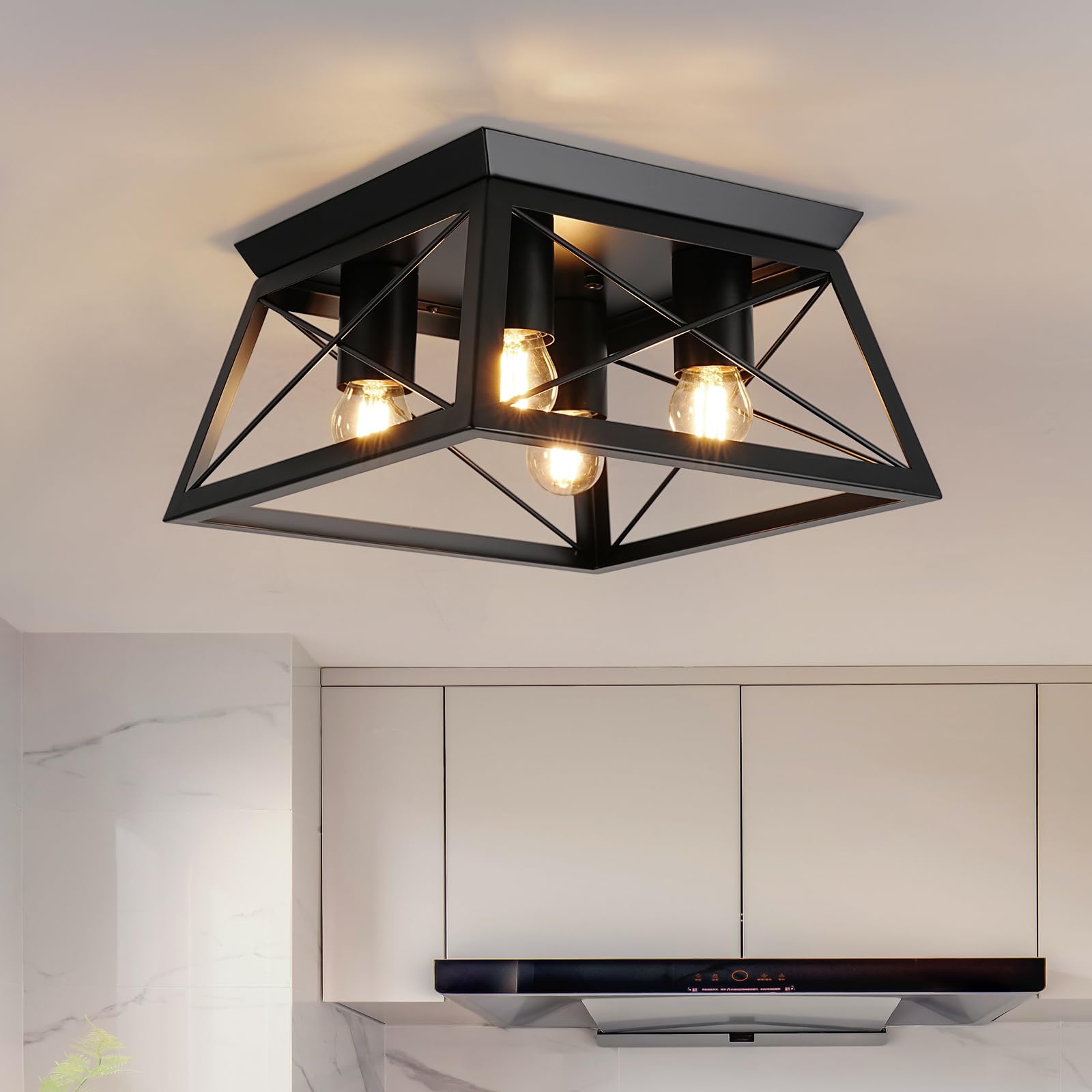 Photo 1 of foucasal Farmhouse 4-Light Metal-Framed Industrial Kitchen Ceiling Lights - Black Flush Mount for Dining Room, Kitchen, Bedroom, Hallway, Foyer, Living Room, Laundry