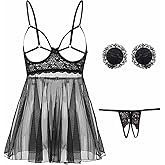 Sexy Hollow Strappy Mesh Lingerie Floral Lace Chemise Cut Out Teddy Babydoll Nightdress Slips Dress See Through Nightwear Black