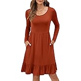 LILBETTER Women Casual Long Sleeve Knee Length Dresses Round Neck Pleated Fall Dress with Pockets 2024