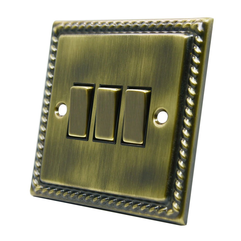Georgian Antique Brass 3 Gang Switch - 10 Amp Triple 3-Gang 2 Way Light Switch