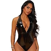 WDIRARA Women's Deep V Neck Sleeveless PU Leather Skinny Bodysuit Halter Top