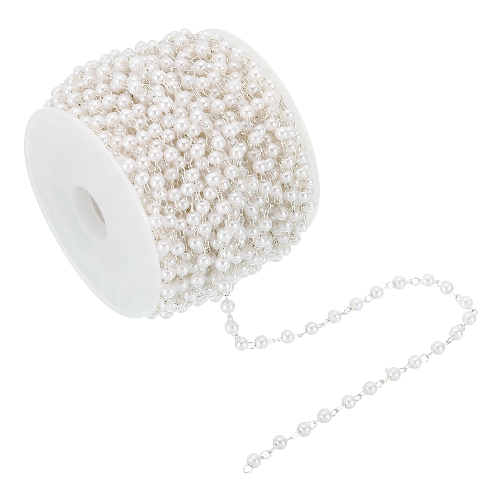 PATIKIL 10m/33 Feet Faux Pearl Beading Chain with Spool, 3mm Brass Chain Link for Decoration Making DIY Accessories Style 1, Light Silver