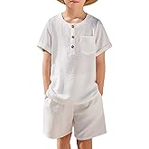 Arshiner Toddler Boy Summer Outfits Short Sleeve Henley T-Shirt & Shorts Set with Pocket for 2-8 Years Kids