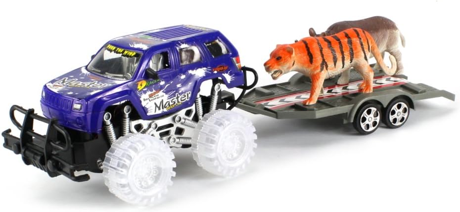 Toy Trucks Safari Jeep Adventure Friction Powered w/ Trailer, Toy Tiger and Rhino