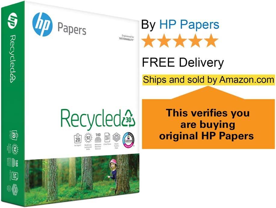 HP Paper Printer Paper 8.5x11 Recycled30 20 lb 30% postconsumer recycled 1 Ream 500 Sheets 92 Bright Made in USA FSC Certified Copy Paper Compatible 112100R, White : Printer And Copier Paper : Office Products