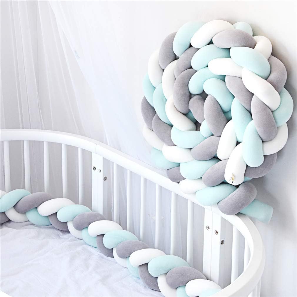 Braided Soft Baby Cot Bumper Roll Anti- Allergy Cotton Cushion Nursery Baby Nest Cot Protector Bed Sleep Bumper (Green + Gray + White,3m)