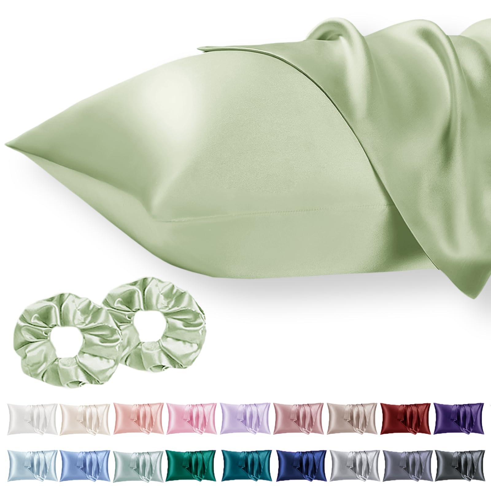 Vielit 2 Pack Satin Pillowcase for Hair and Skin Cooling,Soft as Silk Pillowcase for Hair and Skin,Easier Care than Silk Pillow Case Sage Green 50x75cm Gifts for Women Envelope & 2 Scrunchies
