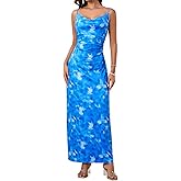 Milumia Women's Floral Backless Lace Up Spaghetti Strap Bodycon Maxi Dress Summer Cowl Neck Long Cami Dress