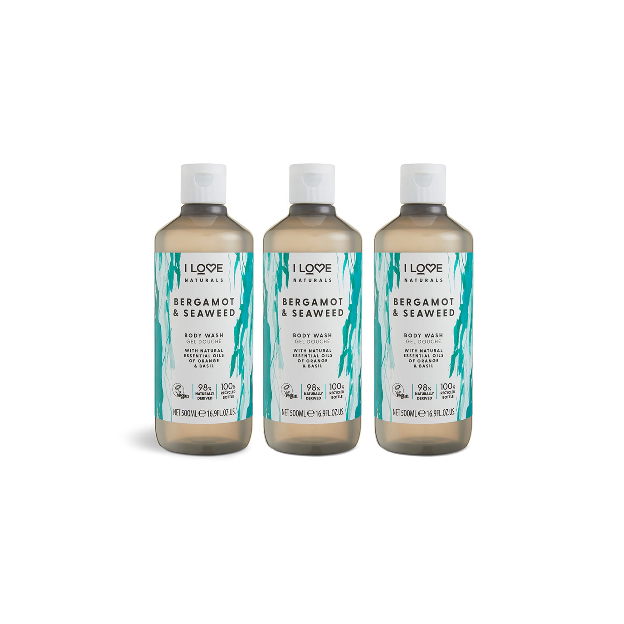 I LOVE Naturals Bergamot & Seaweed Body Wash with Orange & Basil Essential Oils, Silky Smooth Skin Formula, Moisturising Vegan-Friendly Shower Gel with Natural Ingredients 3 x 500ml — image 1