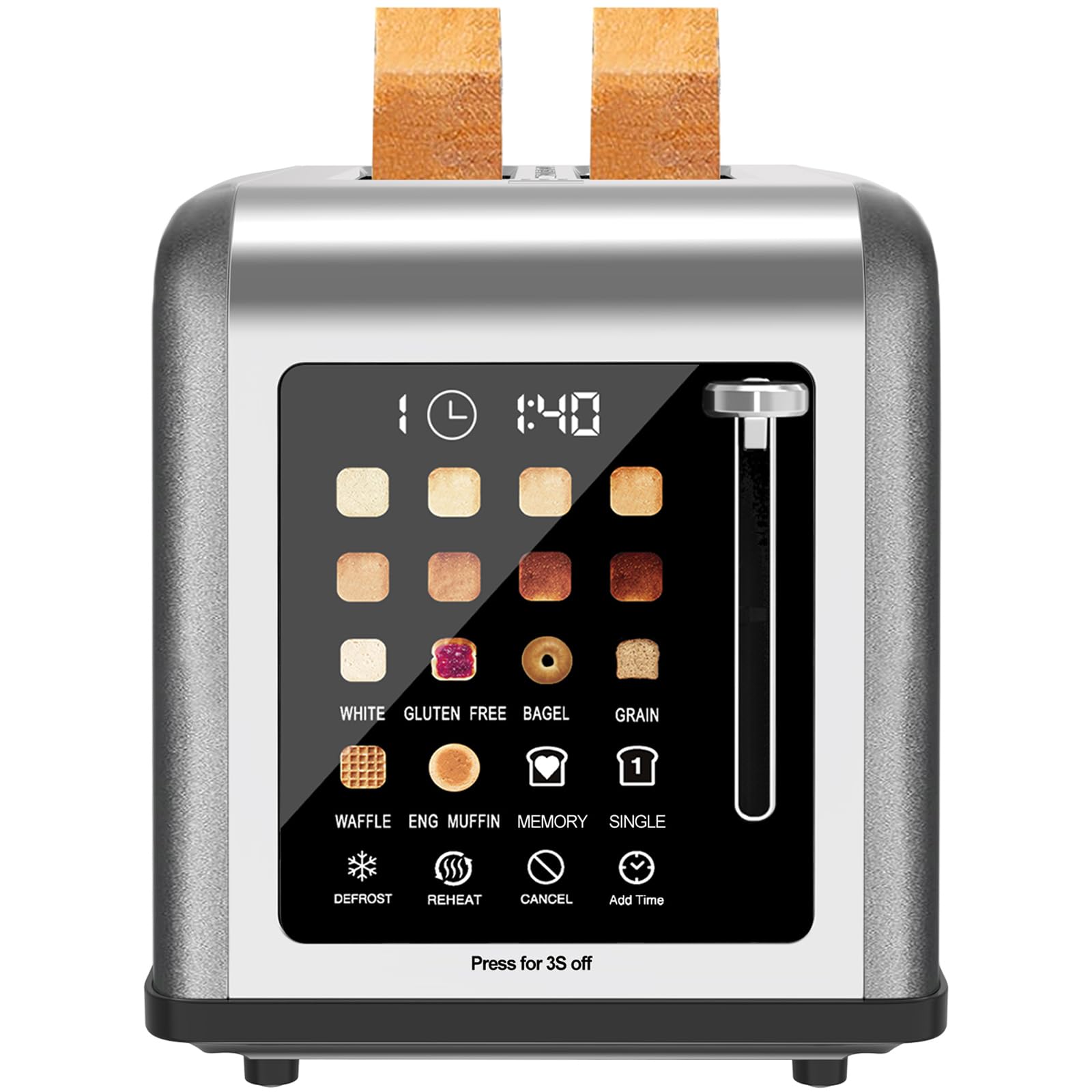 Tostadora de 2 rebanadas con pantalla táctil, tostadoras de acero inoxidable, temporizador digital, tostadoras de 2 ranuras, 8 configuraciones de sombra, 6 tipos de pan para bagel, cancelar, descongelar (gris)