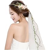 Bueer Flower Wreath Headband Crown Floral Garland Boho for Festival Wedding with Veil, Medium