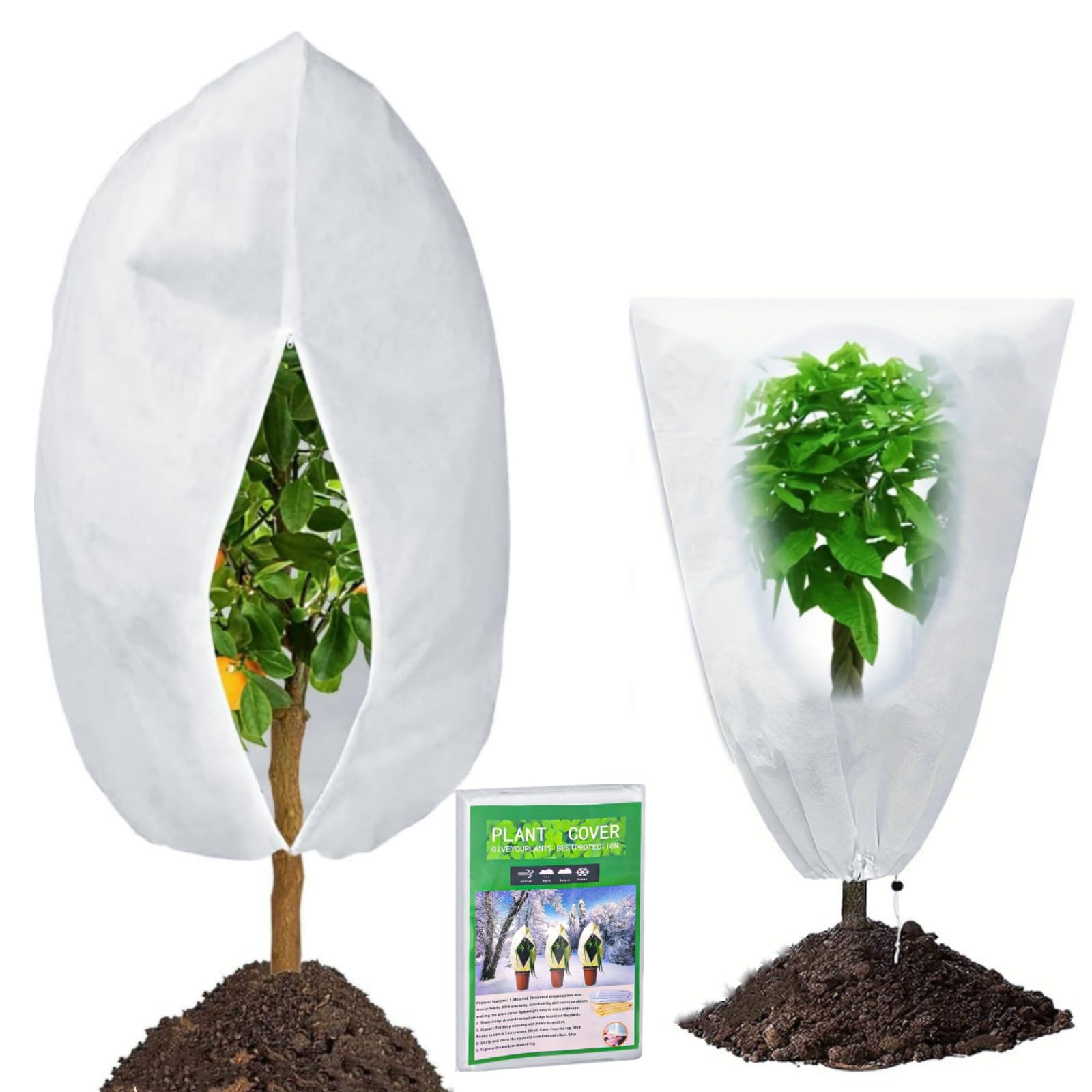 GOTRUST 2pcs Plant Fleece Cover, Frost Protection Jacket Covers, Warming Frost Cloth with Zipper Drawstring, Winter Garden Fleece Bags for Outdoor Plants, Fruit Tree Potted 60 * 80cm, 80 * 120cm