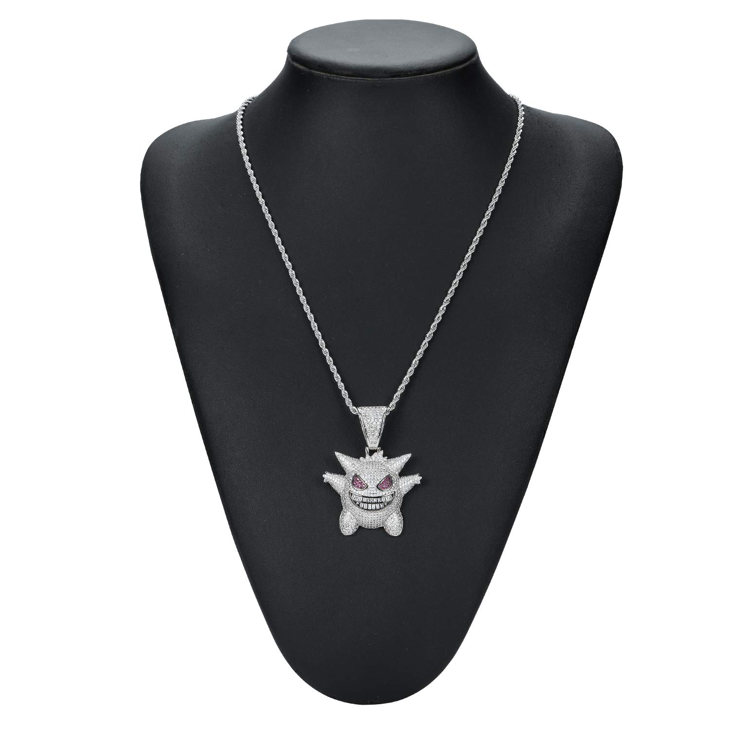 MTCLFTOO Hip Hop Gengar Pendant Jewelry Unisex Iced Out Necklace with Rope Chain+Mala Beads Bracelet Gift for Men Women-(Silver)