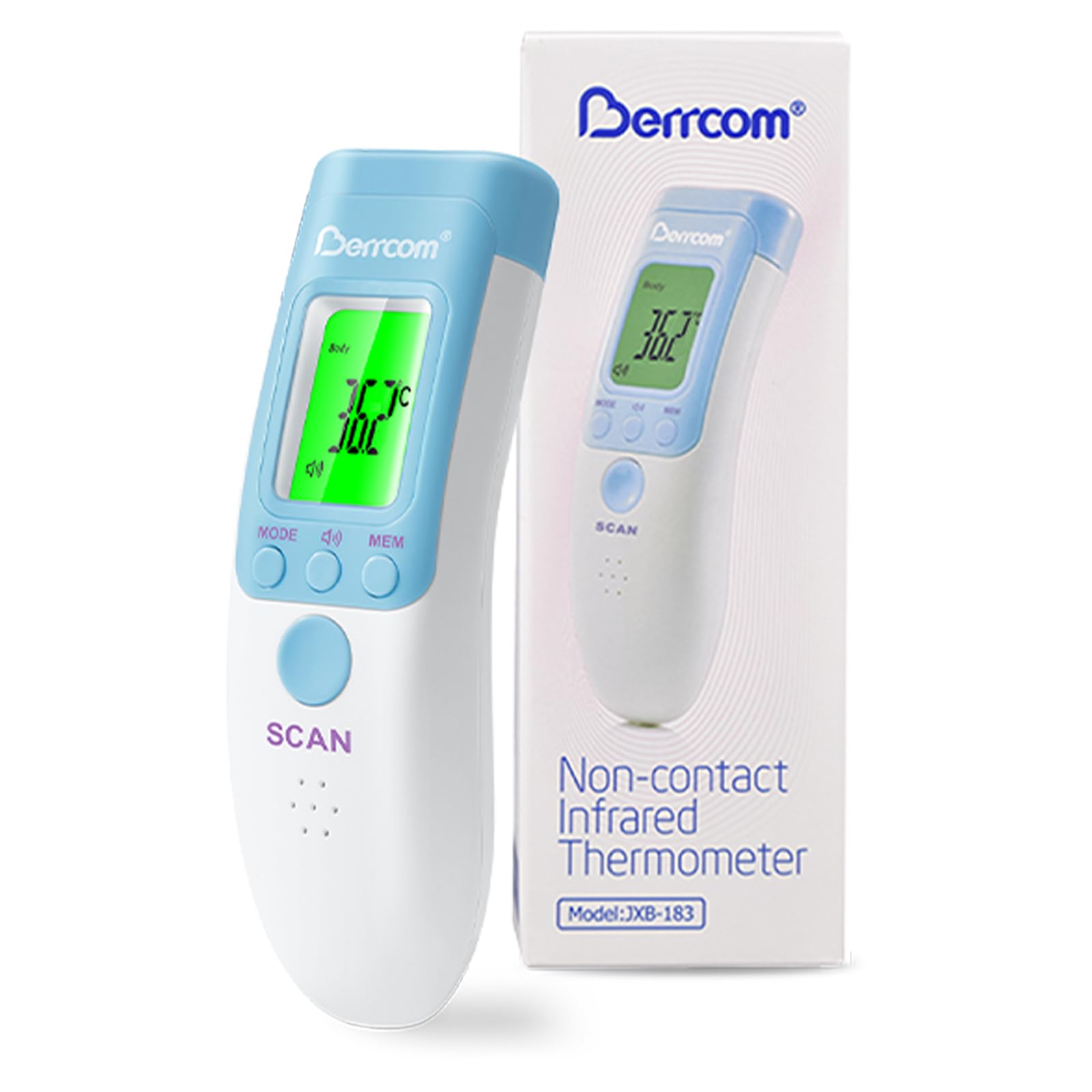 Berrcom Forehead Thermometer for Adults and Children Non Contact Baby Thermometer Infrared Digital Thermometer with Instant Reading, Fever Alarm, LCD Display, ℃/℉ Switch