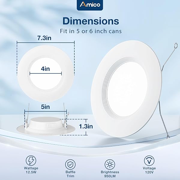 AMICO 24 PACK 5/6 INCH 5CCT LED RECESSED LIGHTING, DIMMABLE, 12.5W=100W, 950LM, 2700K/3000K/4000K/5000K/6000K SELECTABLE, RETROFIT CAN LIGHTS WITH BAFFLE TRIM, IC RATED – ETL & FCC, WHITE