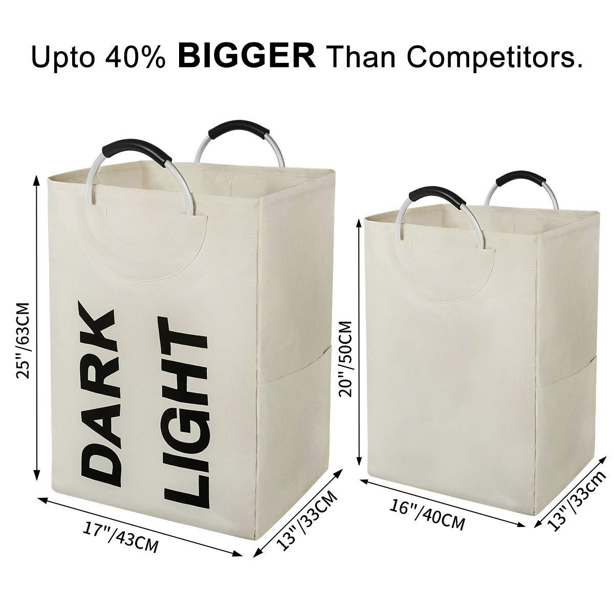 WISHPOOL Double Large Foldable Laundry Hamper Basket Divided Handy Stand Collapsible Laundry Basket Waterproof Bag Bin Organizer Storage Corner with Handles (Beige)